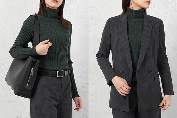 タートルネックセーターを使った秋冬ビジカジコーデ