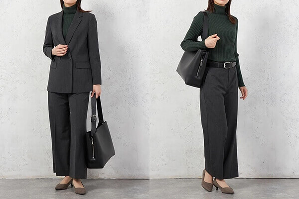 タートルネックセーターを使った冬のレディースオフィスカジュアルコーデ