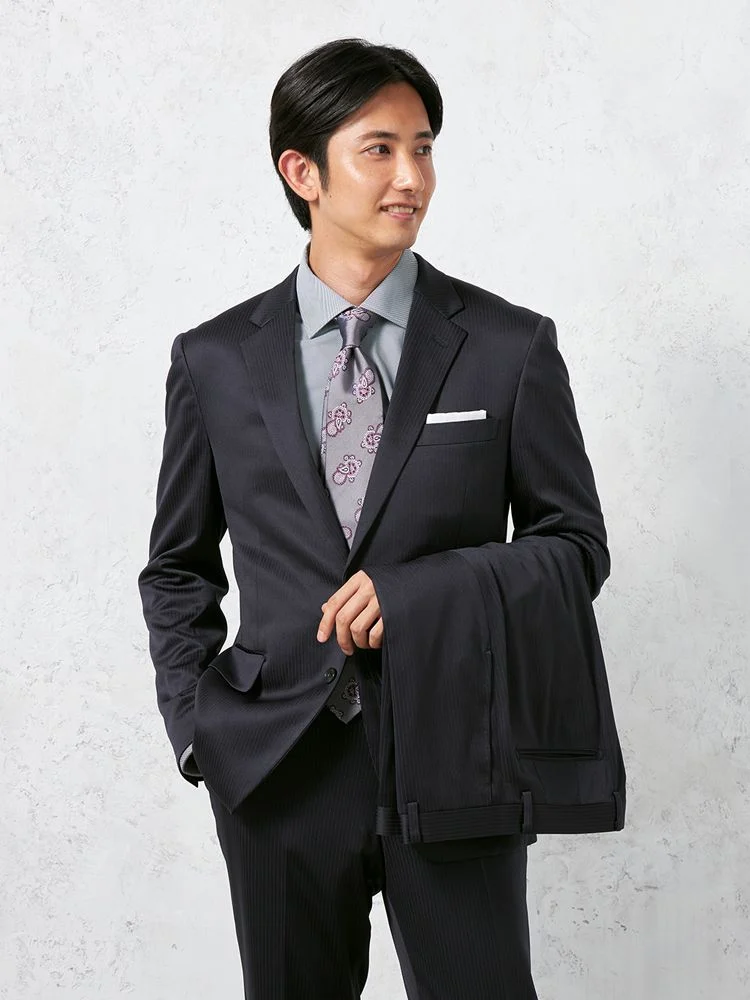 【上下ウォッシャブル】スーツ2つボタンツーパンツストレッチニット素材ネイビーストライプリッケンバッカー秋冬