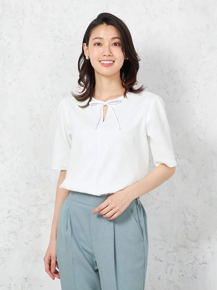 【UVカット】半袖細リボンブラウス遮熱透け防止形態安定無地SOFFICE春夏【レディース】
