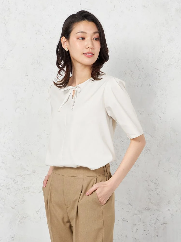 【UVカット】半袖細リボンブラウス遮熱透け防止形態安定無地SOFFICE春夏【レディース】