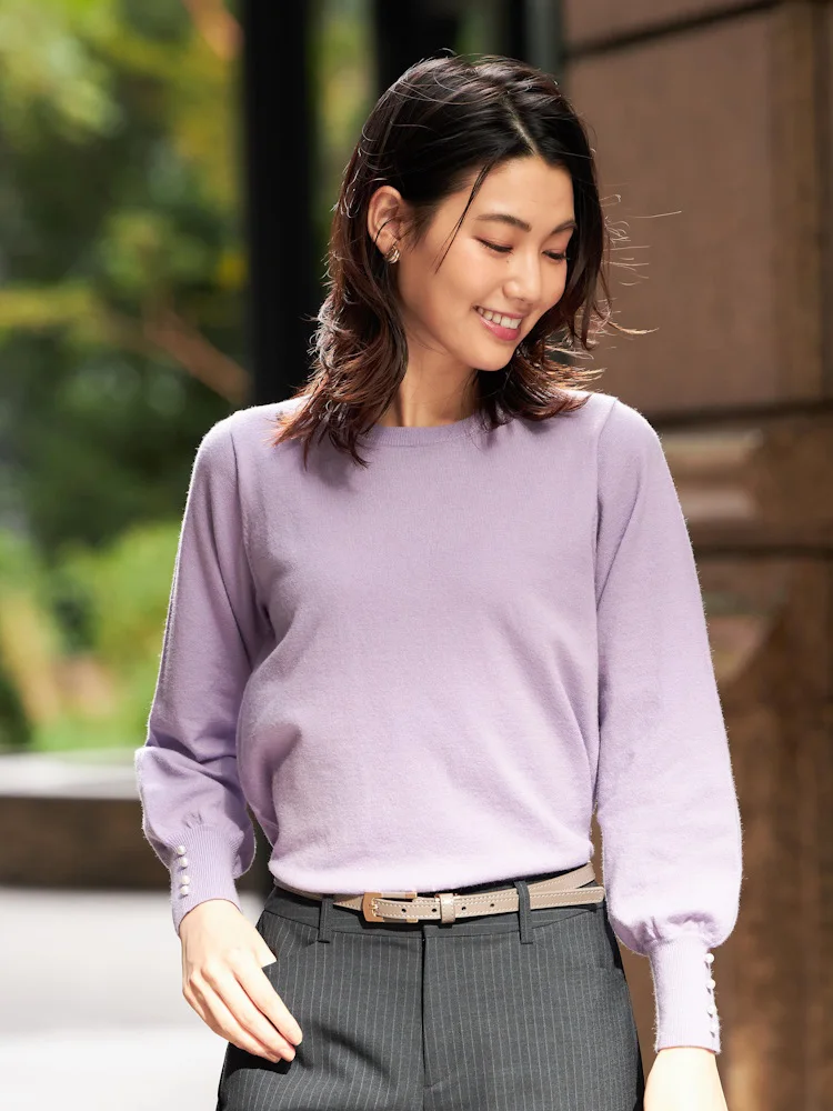 【アンチピリング＆静電気対策】ニット長袖クルーネック袖パールウォッシャブル無地SOFFICE秋冬【レディース】