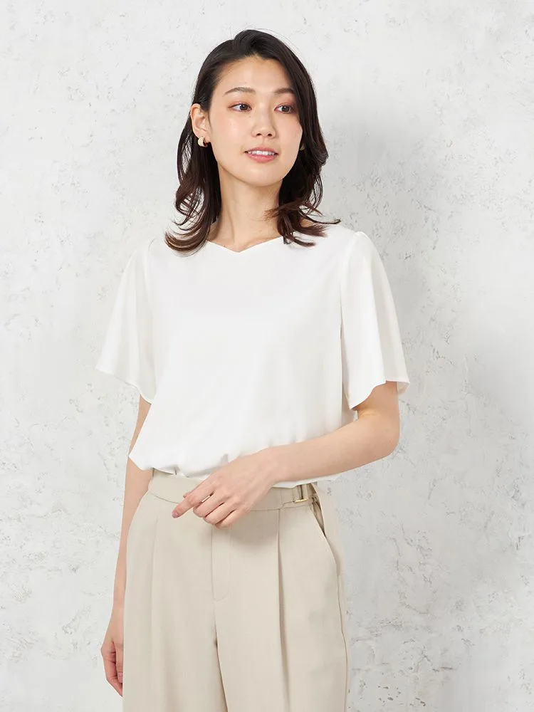 【ウォッシャブル】半袖ハートネックブラウス防臭抗菌透けにくい無地SOFFICE春夏【レディース】