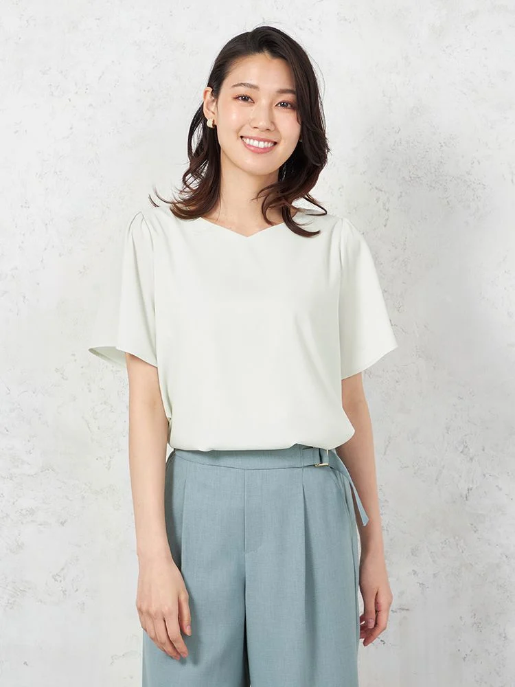 【ウォッシャブル】半袖ハートネックブラウス防臭抗菌透けにくい無地SOFFICE春夏【レディース】