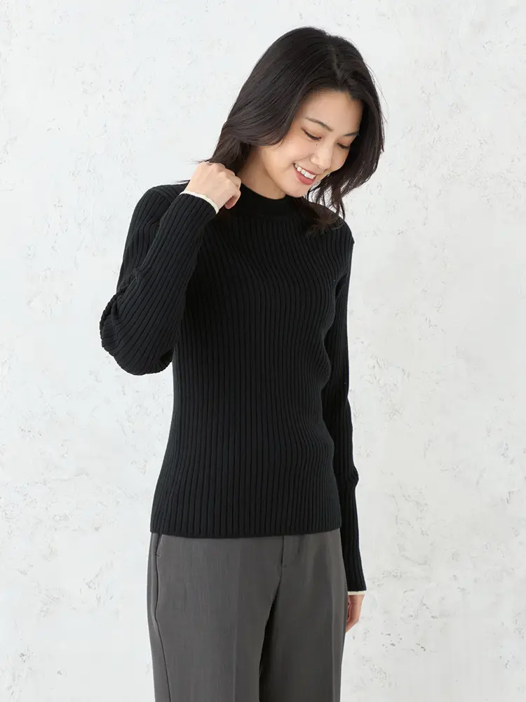 【SOFFICE】抗ピル配色ラインハイネックリブニットカットソーウォッシャブル放電抗ピリング秋冬【レディース】