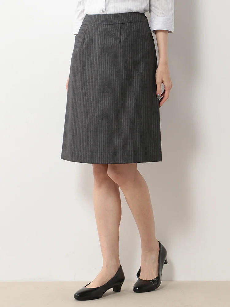 【ウォッシャブル】ポケット付Aラインスカートストレッチグレーストライプ通年【レディース】
