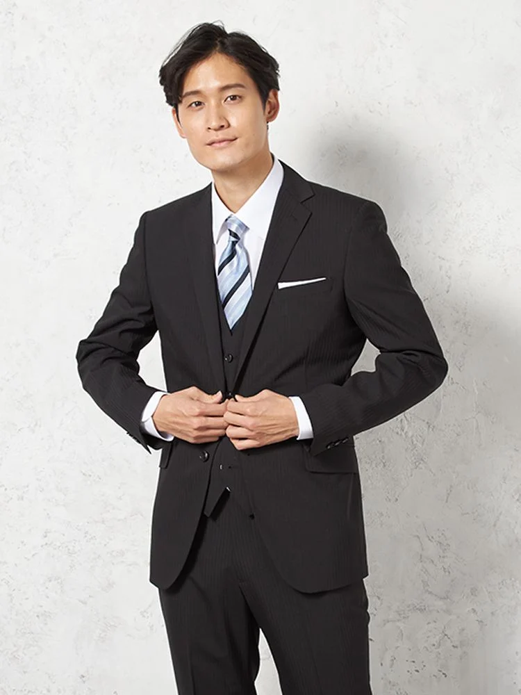 【ウォッシャブル】スリーピーススーツ2つボタンウール混ノータック織柄無地nero【スリムデザイン】