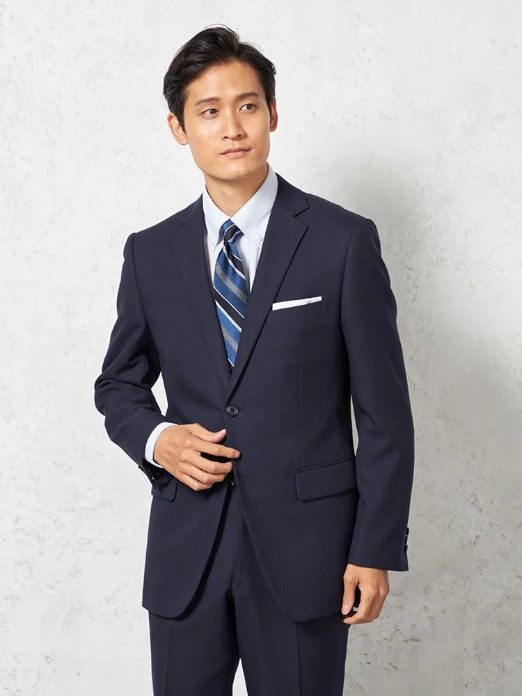 【即納】スーツ2つボタン【WEB限定】上下ウォッシャブルストライプネイビー通年