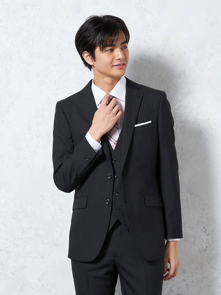 【パンツウォッシャブル】スリーピーススーツ2つボタンウール混素材シャドウストライプnero【スリムデザイン】