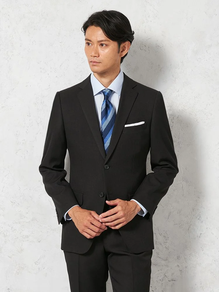 【即納】スーツ2つボタン【WEB限定】4WAYストレッチストライプブラック通年