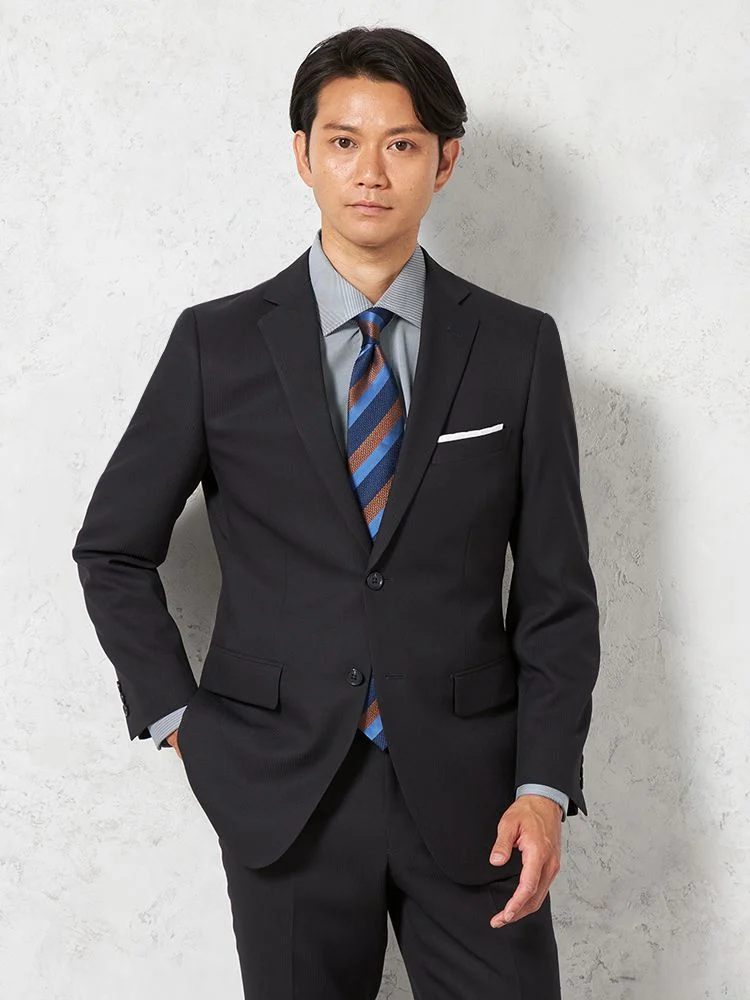 【即納】スーツ2つボタン【WEB限定】4WAYストレッチシャドウストライプネイビー通年