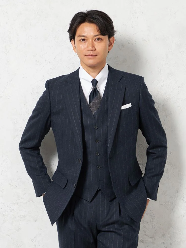 【上下ウォッシャブル】スリーピーススーツ2つボタン軽量ミルドストレッチチョークストライプリッケンバッカー秋冬