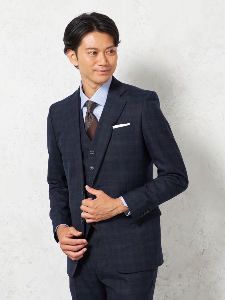 【上下ウォッシャブル】スリーピーススーツ2つボタン軽量ミルドストレッチチェックリッケンバッカー秋冬