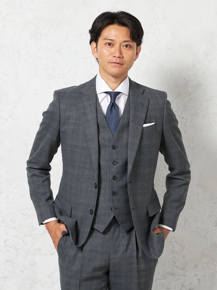 【上下ウォッシャブル】スリーピーススーツ2つボタン軽量ミルドストレッチチェックリッケンバッカー秋冬