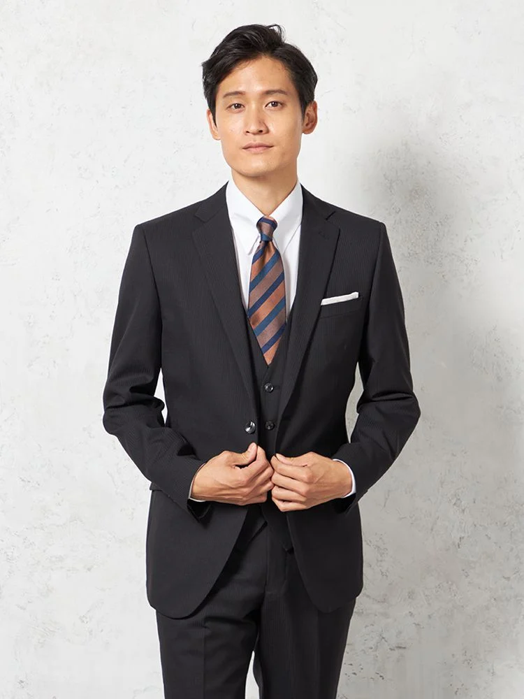 【上下ウォッシャブル】スリーピーススーツ2つボタンスリムシルエットブラックシャドウストライプnero通年【スリムデザイン】