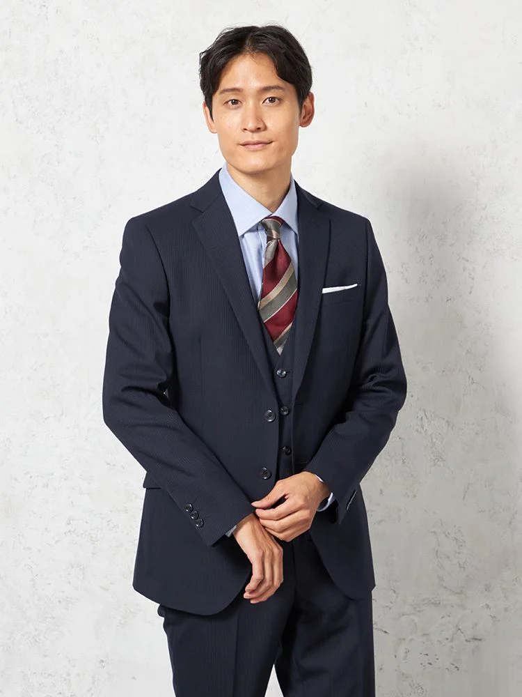 【上下ウォッシャブル】スリーピーススーツ2つボタンスリムシルエットネイビーシャドウストライプnero通年【スリムデザイン】