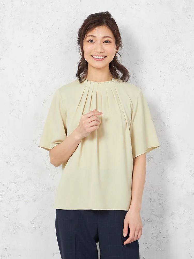 【透けにくい】ブラウス5分袖ハイネックタックデザイン無地SOFFICE春夏【レディース】