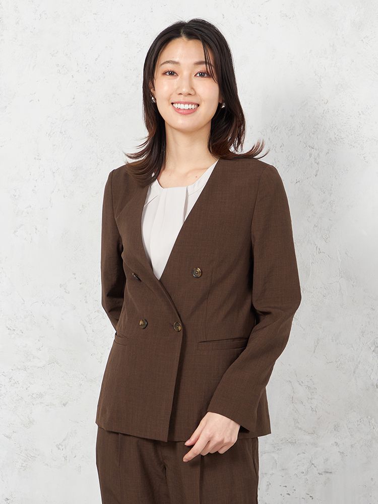 【ウォッシャブル】ノーカラーダブルジャケットリネンライクメランジ生地無地SOFFICE春夏【レディース】