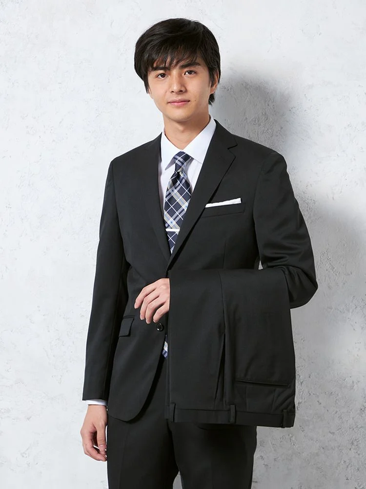 【上下ウォッシャブル】スーツ2つボタンツーパンツブラック無地脚長スリムリクルート／就活対応RESPECTNERO通年【定番】【スリムデザイン】