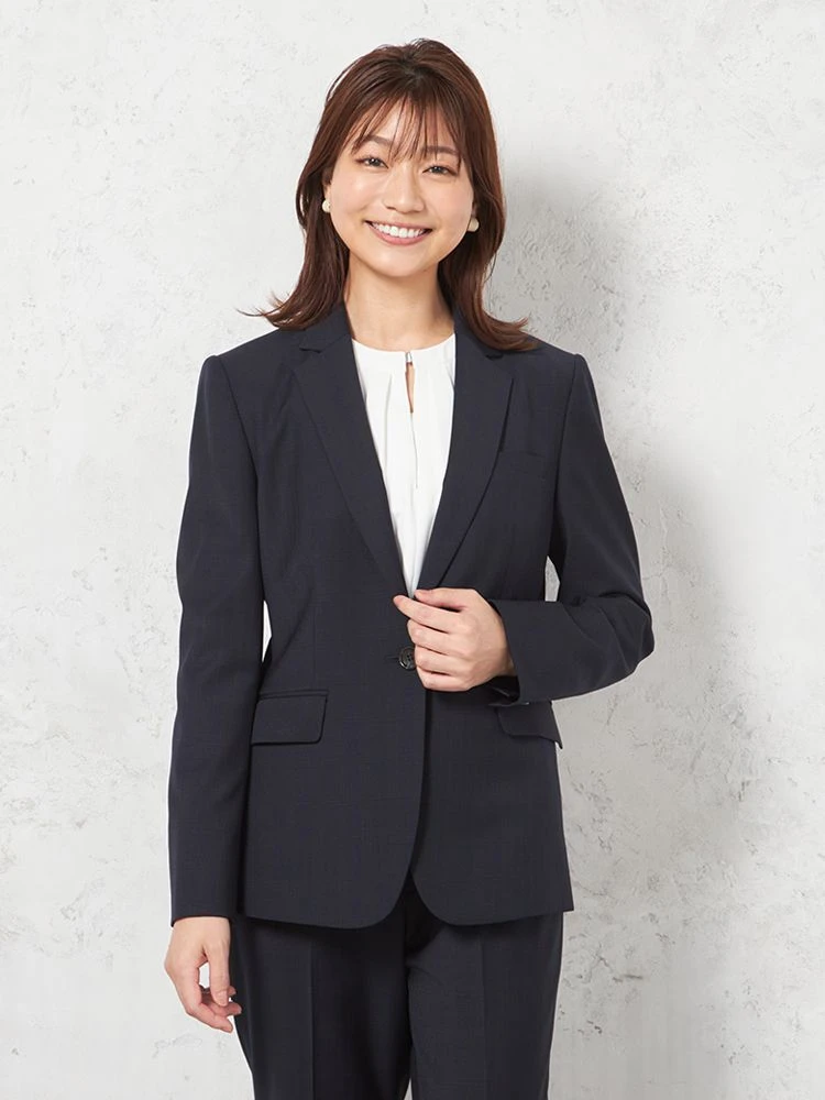 【働ラク肩ラクスーツ】ジャケット1つボタンウォッシャブルストレッチネイビーチェックS＆MWHITE秋冬【レディース】