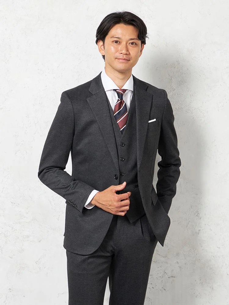 【上下ウォッシャブル】スリーピーススーツ2つボタン【i-Suit-アイスーツ-】ストレッチニット素材織柄無地リッケンバッカー秋冬