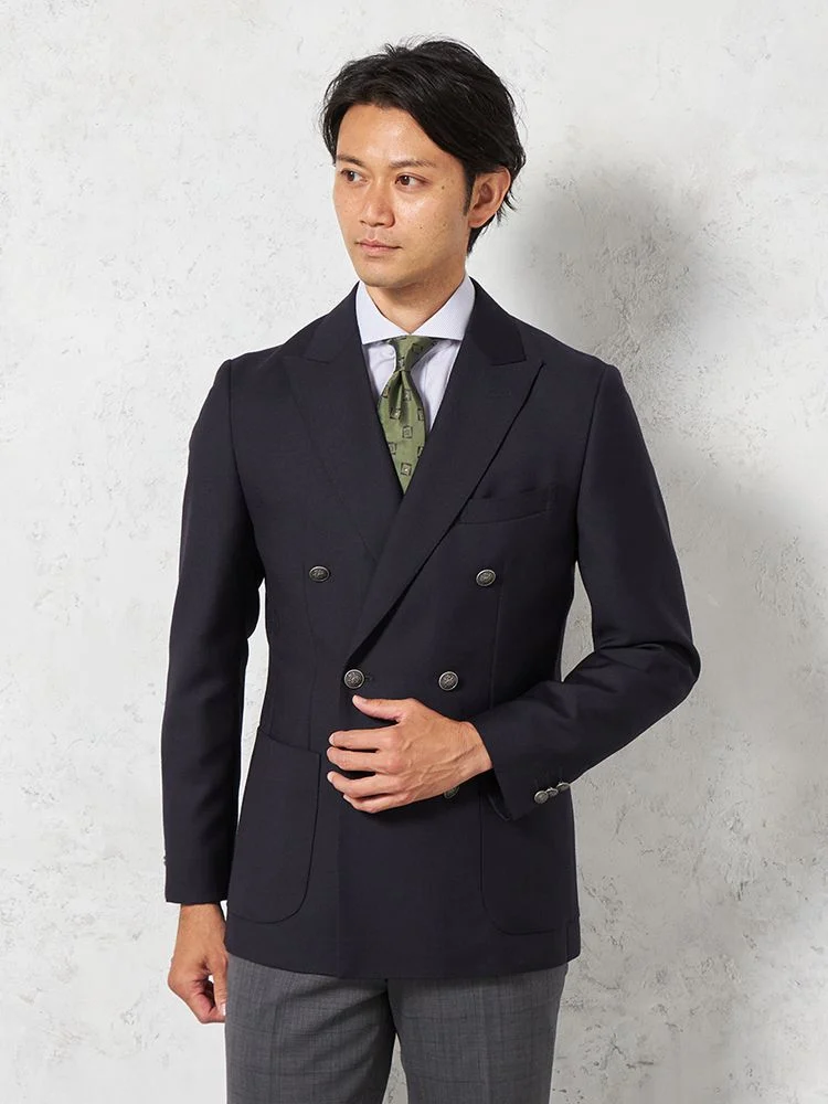 【ウール100％】ダブル紺ブレザージャケット【イタリアアンジェリコ社製生地】ネイビー無地リッケンバッカー通年