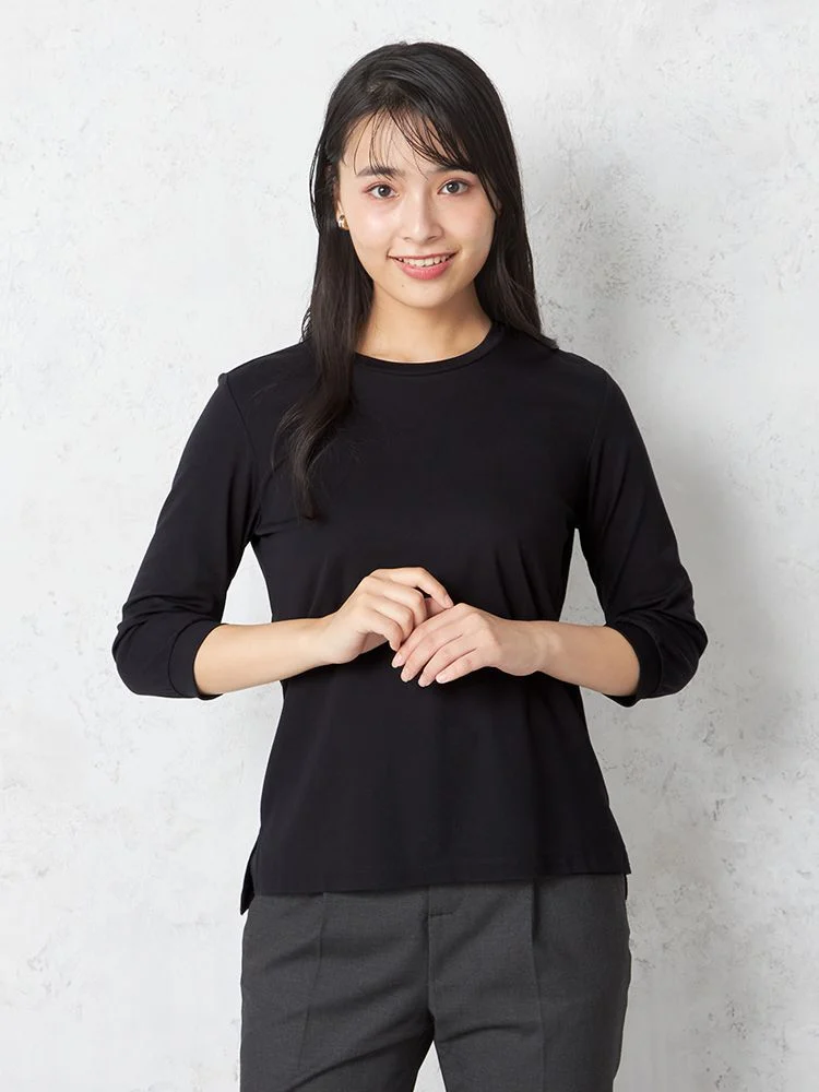 【INDIVI】カットソー7分袖シルケット天竺クルーネックカットソーウォッシャブル無地通年【レディース】