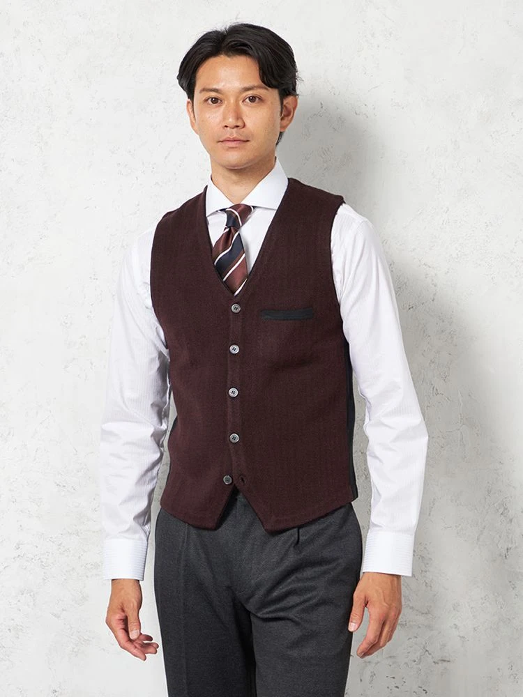 【ウォッシャブル】ヘリンボーン柄ニットジレ放電抗ピリングヘリンボンベストリッケンバッカー秋冬