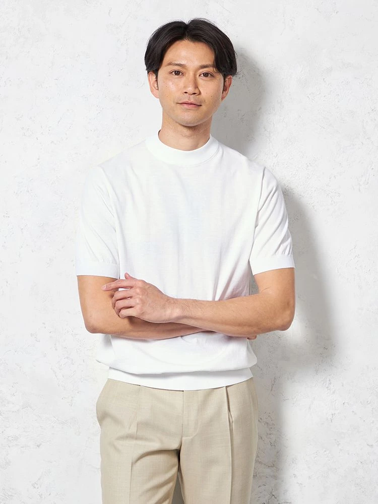 【綿100％】半袖モックネックニットTシャツカジュアルインナー無地リッケンバッカー春夏