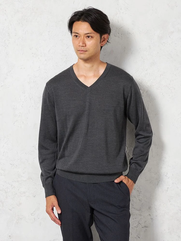 【制電＆抗ピリング】天竺Ｖネックセーターカジュアルインナー無地リッケンバッカー秋冬