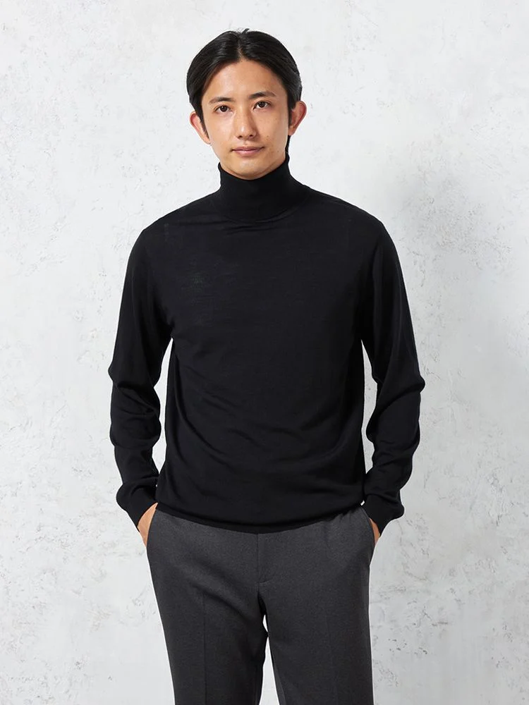【ウール100%】梳毛タートルネックセーターカジュアルインナー無地リッケンバッカーブラック秋冬