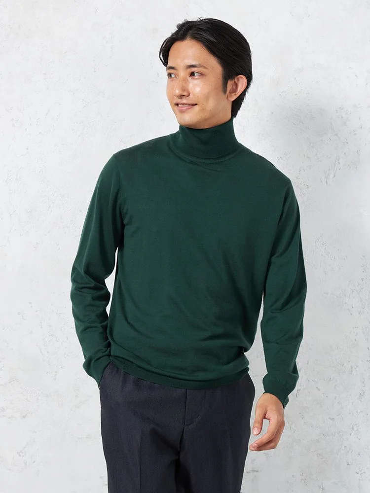 【ウール100%】梳毛タートルネックセーターカジュアルインナー無地リッケンバッカーブラック秋冬