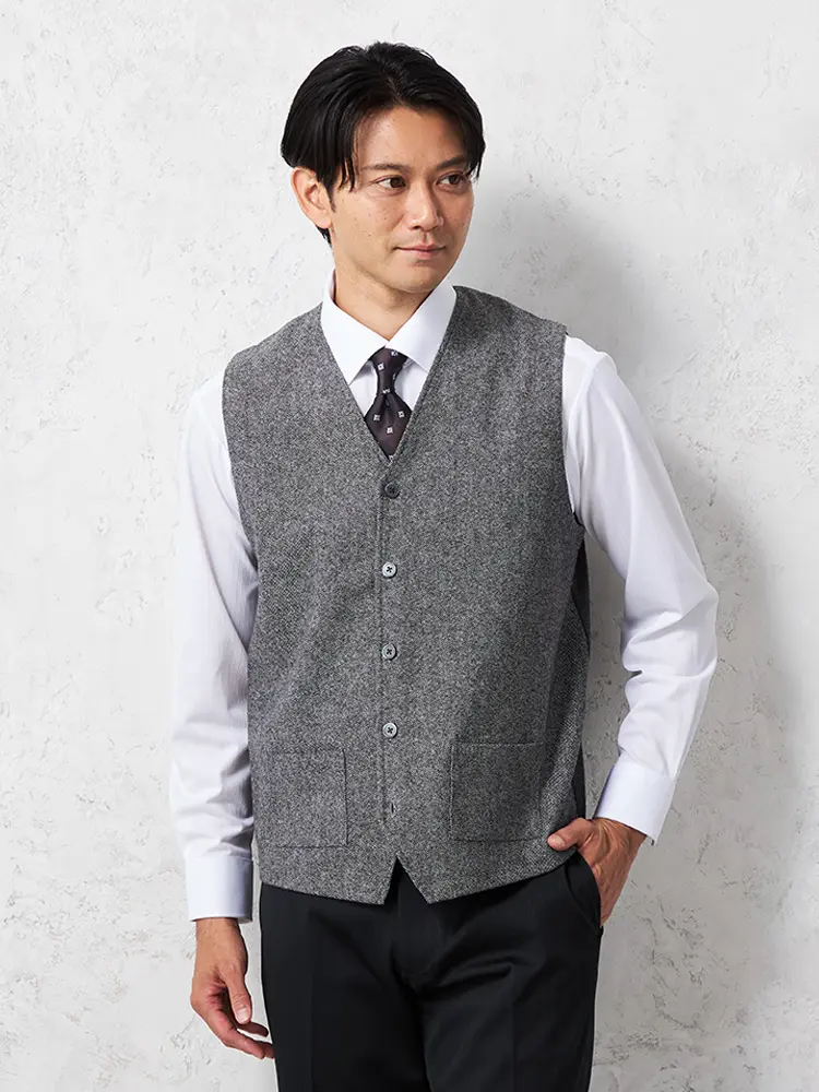 【リッケンバッカーブラック】ツイード裏付きベストカジュアルインナー保温秋冬