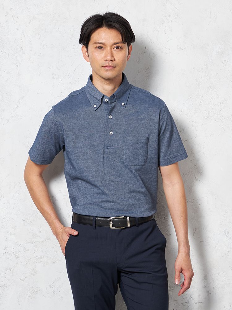 【綿麻ポリエステル素材】半袖ポロシャツボタンダウンドライタッチカジュアルインナー無地春夏