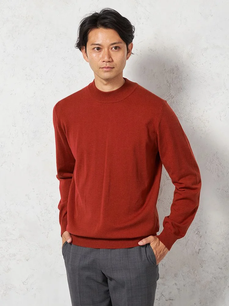 【ウォッシャブル】長袖ニットファイブミックスモックネックカジュアルインナー無地リッケンバッカーブラック秋冬