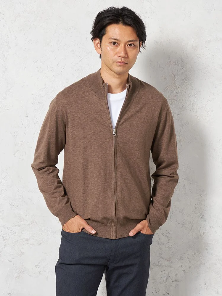 【ウォッシャブル】長袖ニットファイブミックスフルジップセーターカジュアルインナー無地リッケンバッカーブラック秋冬