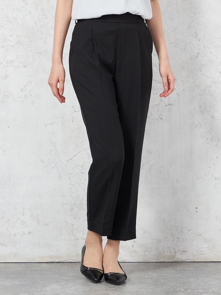 【ウォッシャブル】WALKPLUSシンプルタックテーパードパンツ麻調メッシュ素材無地春夏【レディース】