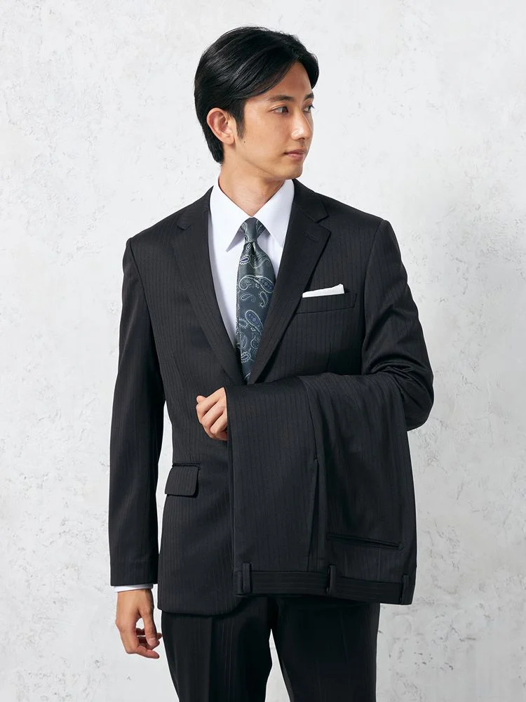 【上下ウォッシャブル】スーツ2つボタンツーパンツストレッチニット素材ブラックシャドウストライプリッケンバッカー秋冬