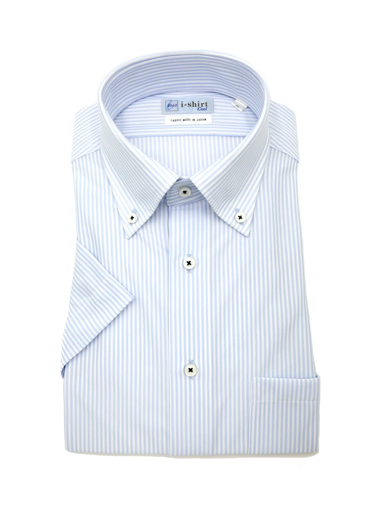 【完全ノーアイロン】半袖アイシャツボタンダウン【バイオセンサークール生地使用】高通気冷感ストライプワイシャツi-shirt春夏