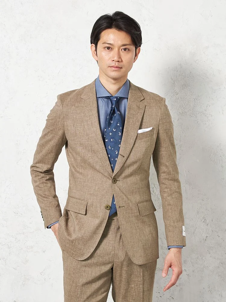 【パンツウォッシャブル】スーツ段返り3つボタン尾州素材麻混ライトフィールストレッチ織柄無地リッケンバッカー春夏