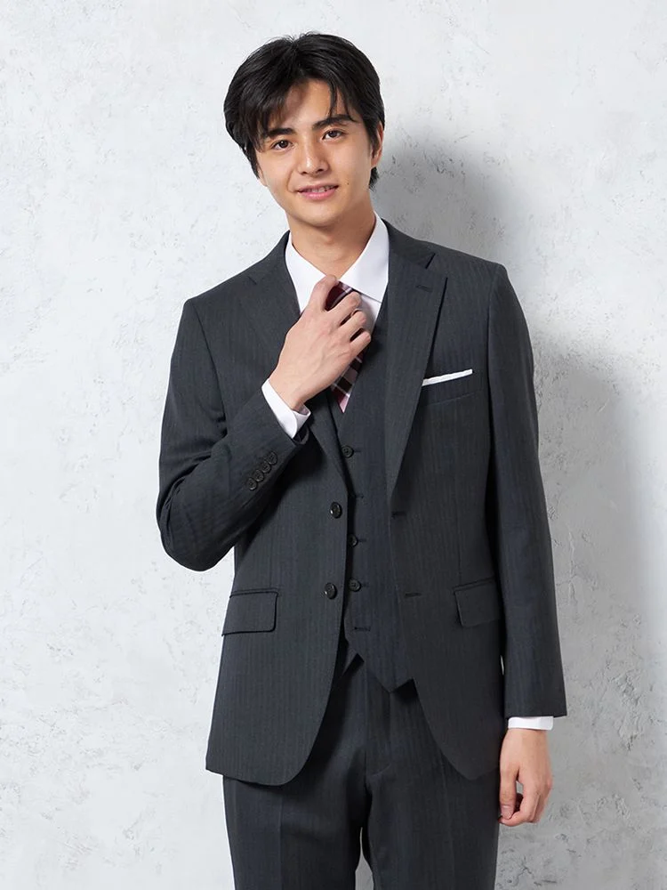 【ウール100％】スリーピーススーツ2つボタン背抜きヘリンボンS＆MBLUELABEL通年