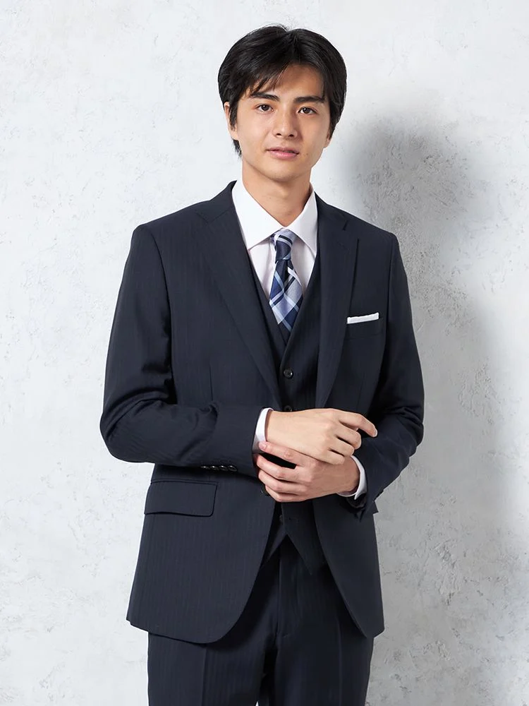 【ウール100％】スリーピーススーツ2つボタン背抜きヘリンボンS＆MBLUELABEL通年