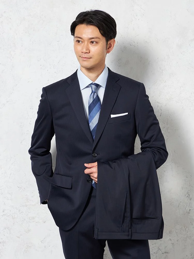 【ライトフィール】スーツ2つボタンツーパンツ上下ウォッシャブル軽量ネイビーシャドウストライプTANITA-タニタ-春夏