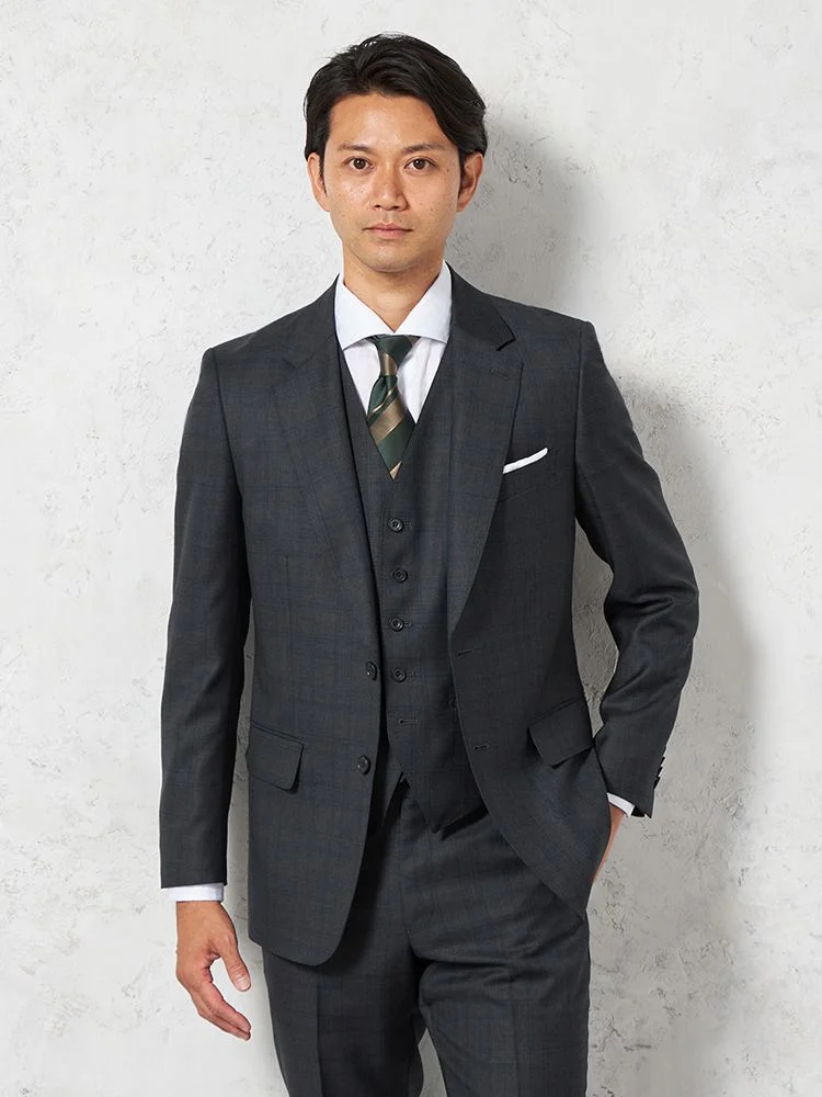 【ウール100%】スリーピーススーツ2つボタン【REDA】イタリアインポート素材チェックRUCKENBACCHAR秋冬