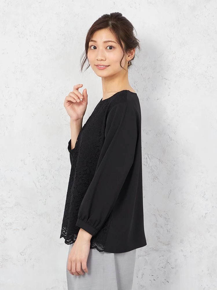 【ウォッシャブル】ブラウス7分袖レース重ねUV加工中柄SOFFICE通年【レディース】