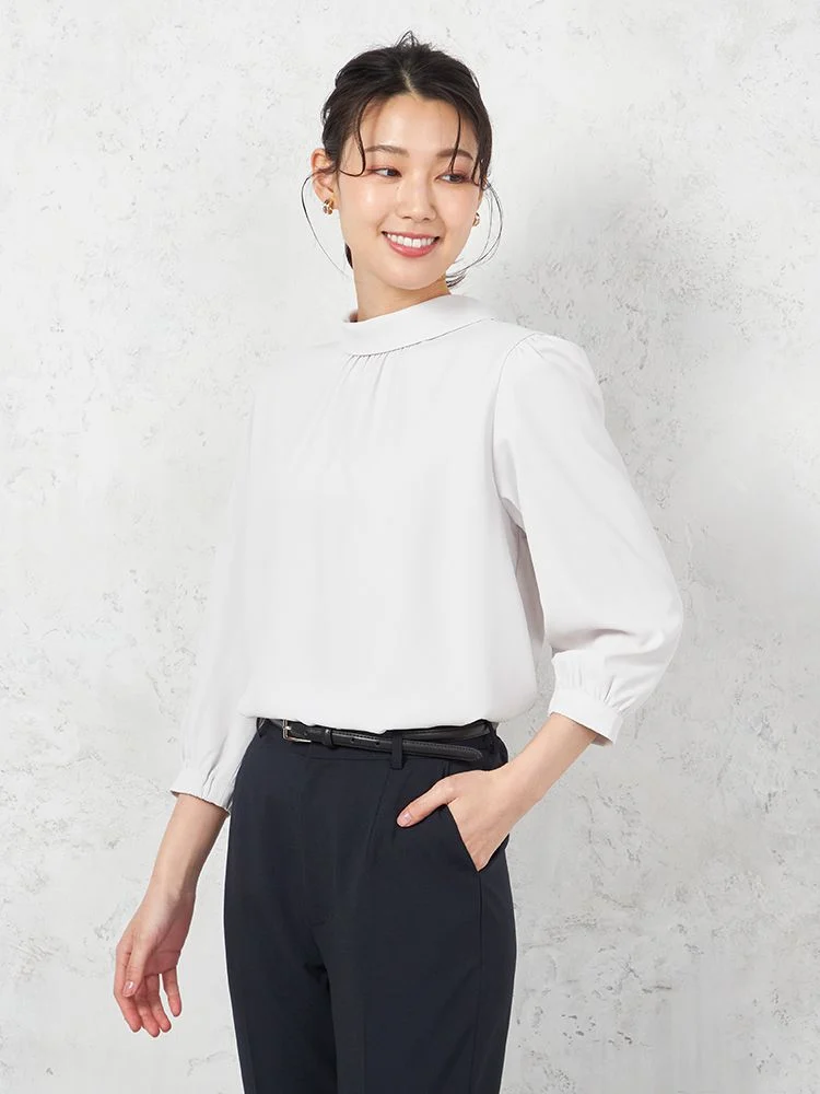 【ウォッシャブル】7分袖ロ－ルカラ－ブラウスUVカット透けにくい2枚仕立て無地SOFFICE春夏【レディース】