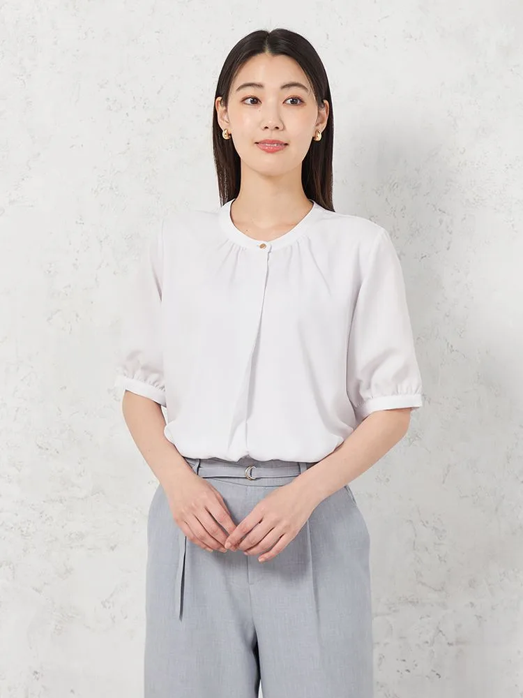 【UVカット】バンドカラ－ブラウス5分袖透けにくいウォッシャブルSOFFICE春夏【レディース】