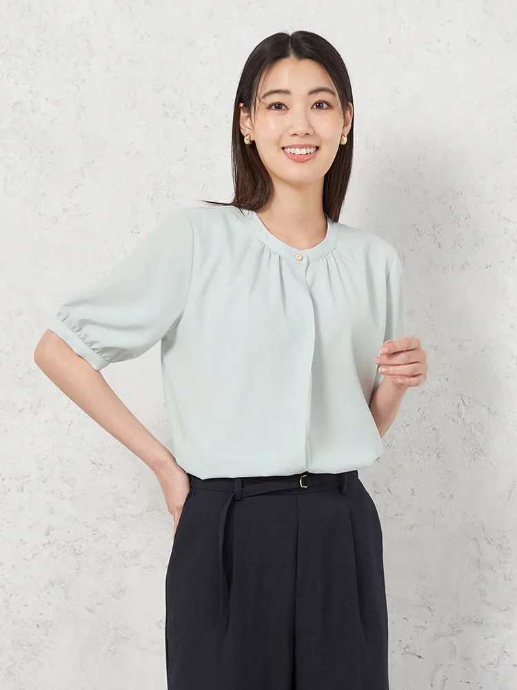 【UVカット】バンドカラ－ブラウス5分袖透けにくいウォッシャブルSOFFICE春夏【レディース】