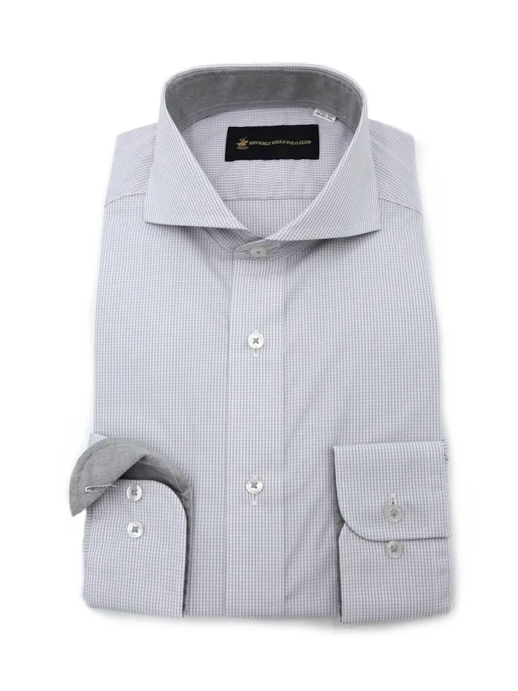【形態安定】長袖ワイシャツカッタウェイ別布L.グレーチェックビバリーヒルズポロクラブ通年