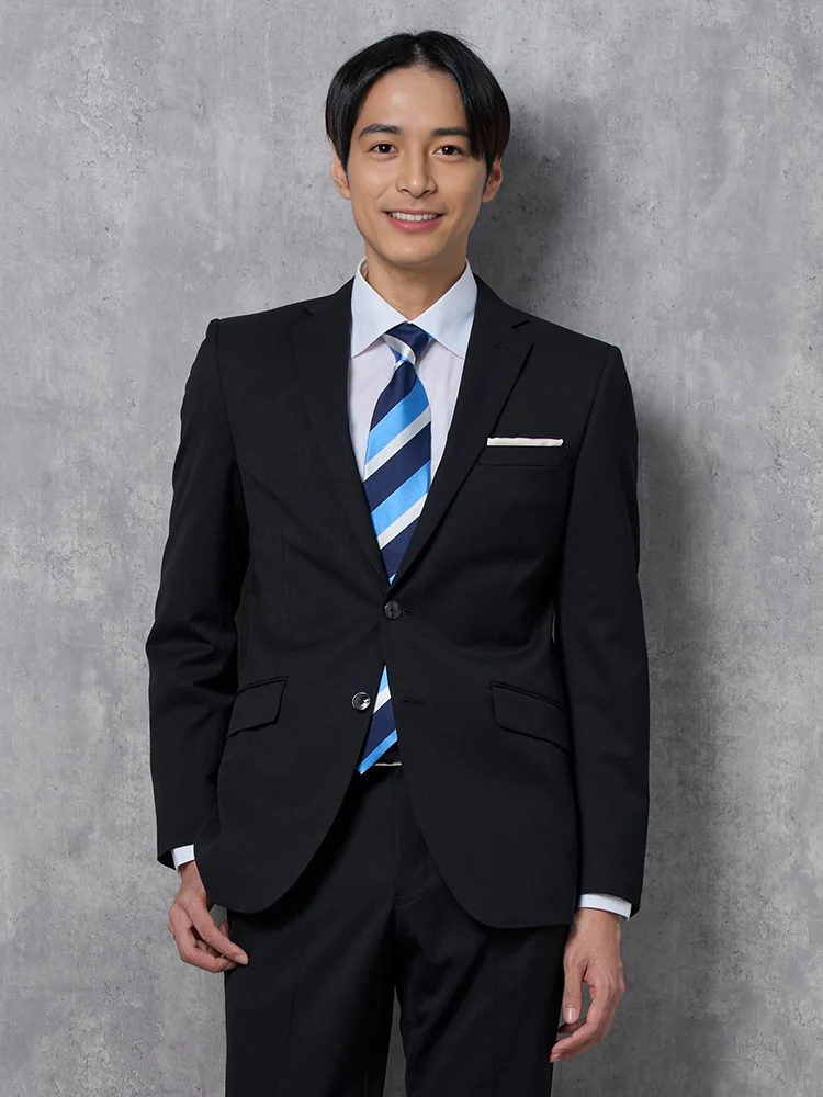 【2WAYストレッチ】2つボタン スーツ ブラック シャドウストライプ【ベスト(別売)有】RESPECT NERO 通年【定番】【スリムデザイン】